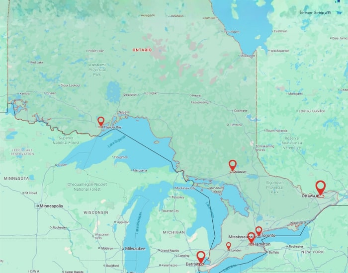 Map of Ontario showing major cities including Toronto, Ottawa, Sudbury, and Thunder Bay