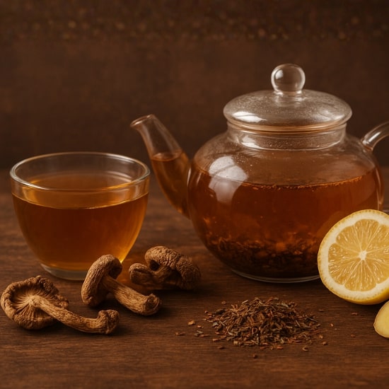 Glass teapot brewing mushroom tea with dried mushrooms, lemon slices, and herbal leaves.