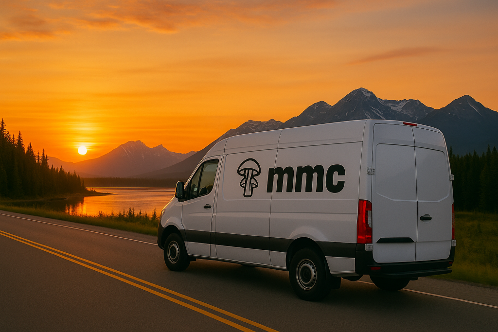 MMC delivery van driving through Alberta at sunset by