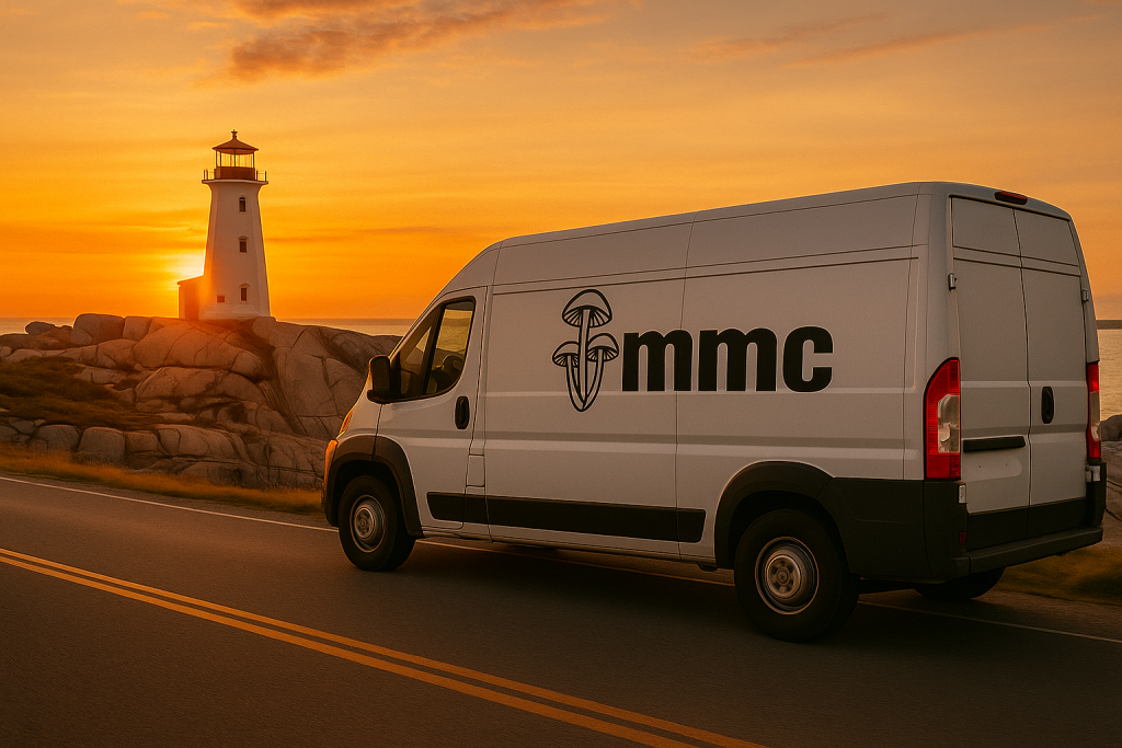 MMC delivery van driving through Canadian mountains at sunset by a scenic lake