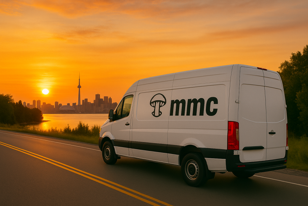 MMC delivery van driving through Ontario at sunset