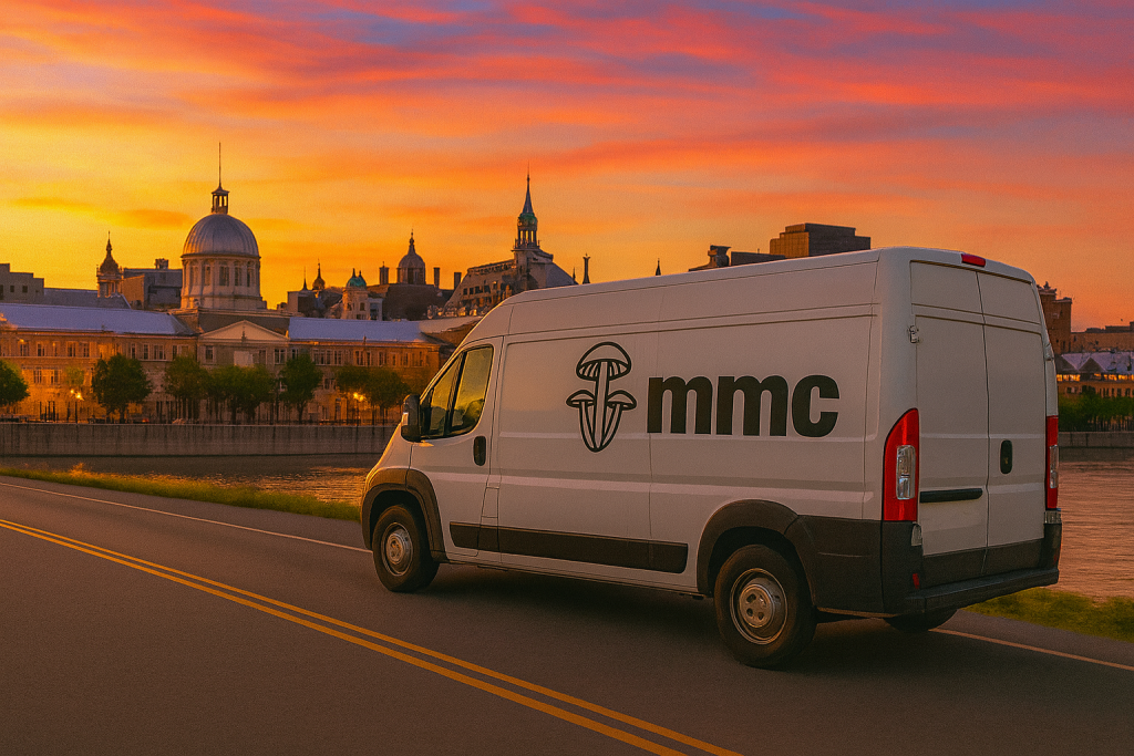 MMC delivery van driving through Quebec at sunset by