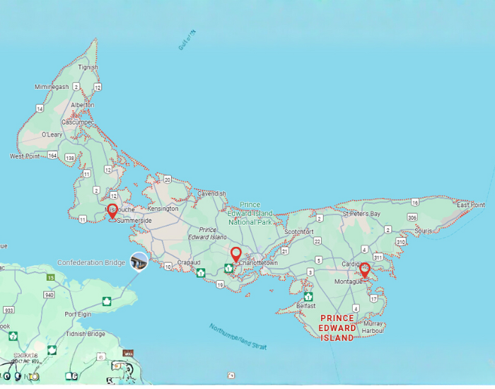 Map of PEI highlighting Charlottetown, Summerside, and Montague