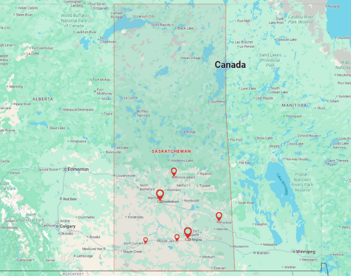 Map of Saskatchewan highlighting Regina, Saskatoon, Prince Albert, Moose Jaw, Swift Current, Yorkton