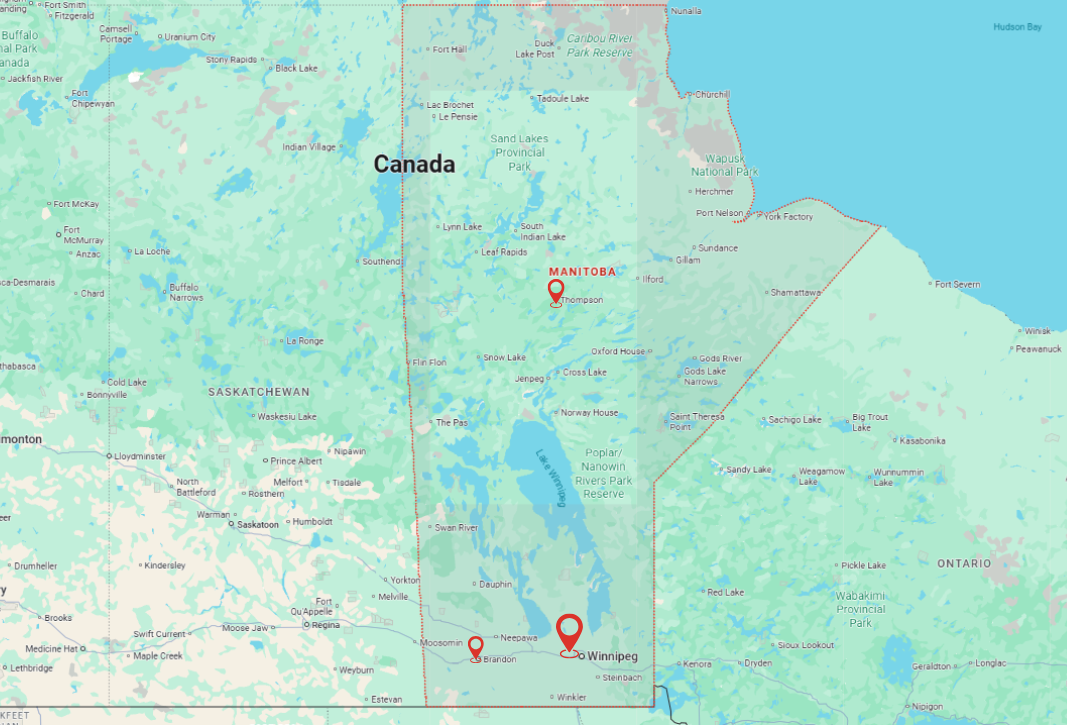 Map of Manitoba showing Winnipeg, Brandon, and Thompson