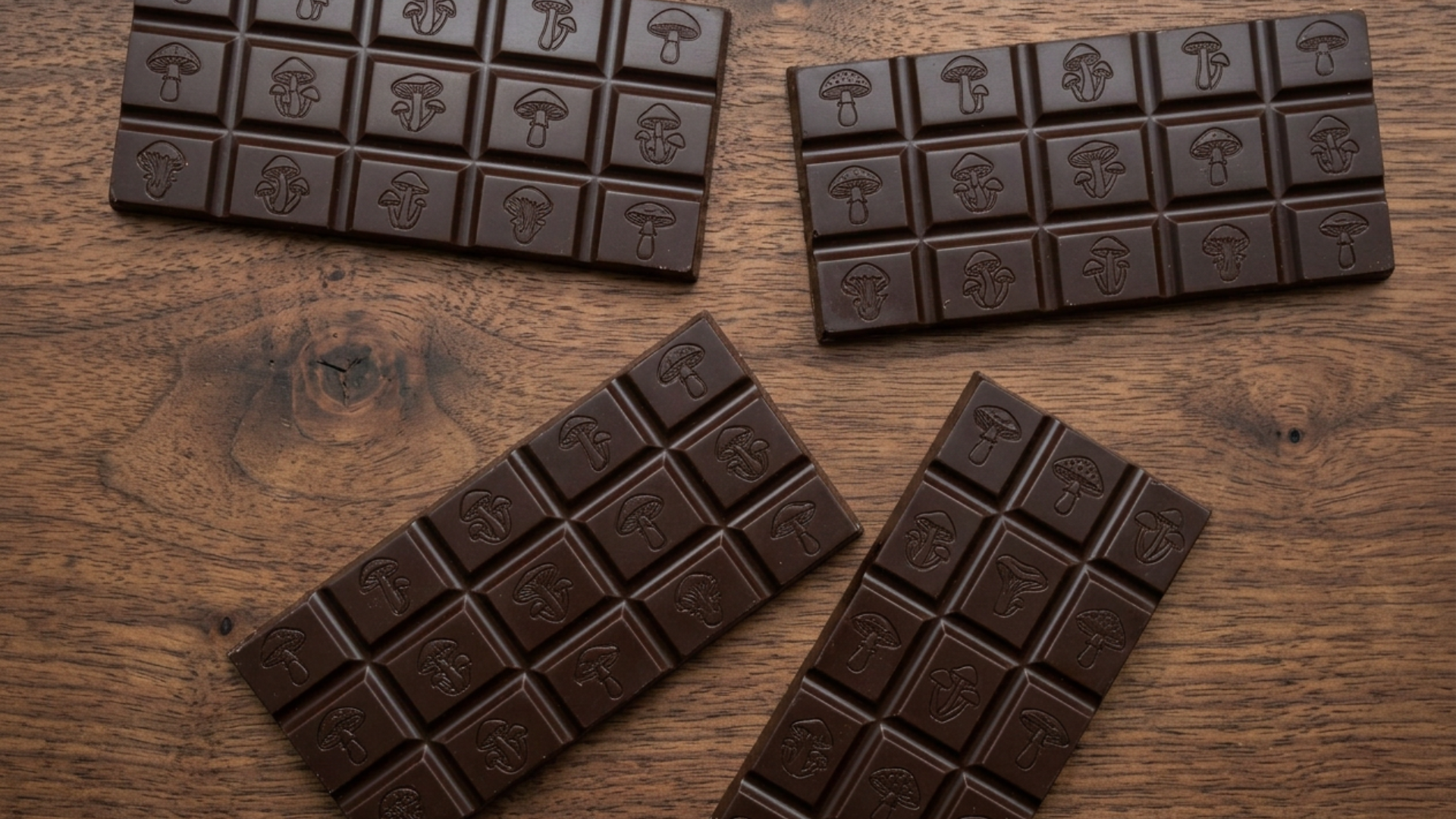Four chocolate bars on a wooden surface, each square embossed with a mushroom symbol