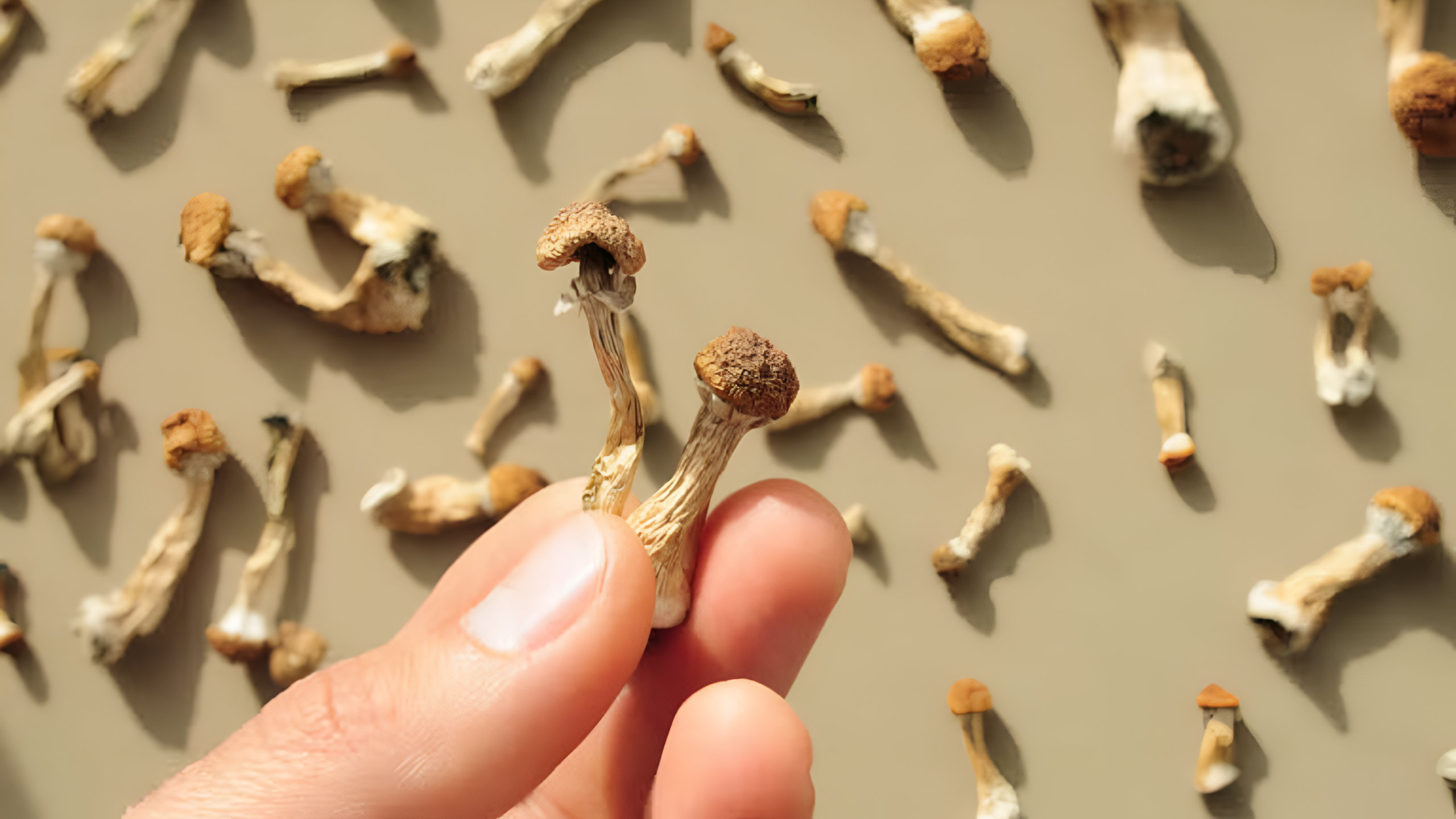 A hand holding two small, dried mushrooms against a background of scattered mushrooms.