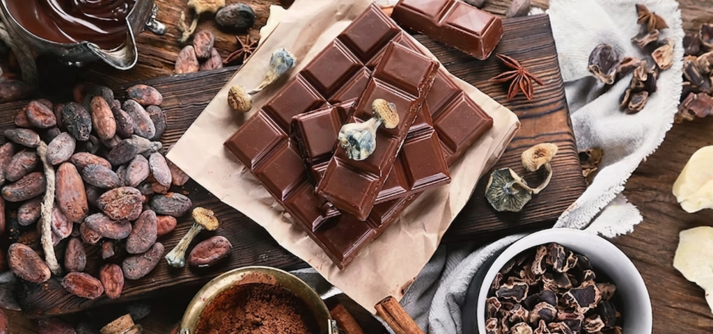 Four chocolate bars on a wooden surface, each square embossed with a mushroom symbol